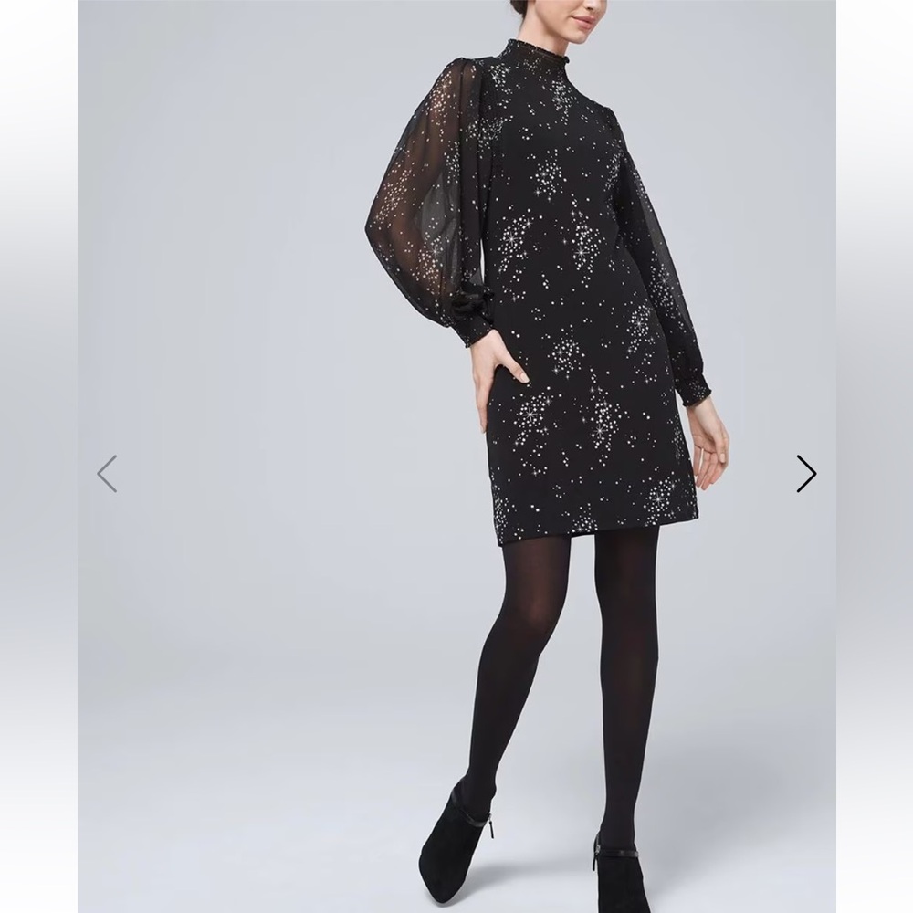 White House Black Market Celestial Stars Shift Dress; Balloon Chiffon Sleeves